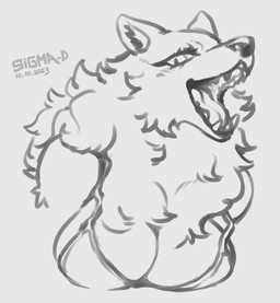 anthro big_breasts breasts clothed clothing eyelashes fangs female female_anthro fluffy fur fur_tuft grey_text inner_ear_fluff iris looking_at_viewer neck_tuft open_mouth open_smile pointy_ears prick_ears pupils shirt skimpy smile smiling_at_viewer snout solo tank_top teeth text tongue topwear tuft sigma-d canid canine canis mammal wolf 2023 artist_name bust_portrait dated digital_drawing_(artwork) digital_media_(artwork) greyscale hi_res monochrome portrait