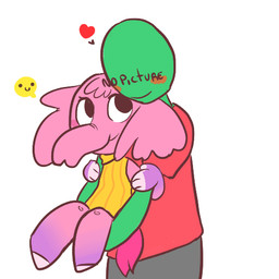 anthro blush bottomless bottomwear clothed clothing cuddling duo eyeless female fingerless_(marking) green_body green_skin head_tuft heart_symbol noseless pants pink_body pink_skin proboscis_(anatomy) semi-anthro shirt simple_background smile sweater t-shirt topwear trunk_(anatomy) tuft white_background mt anon elephant elephantid human mammal proboscidean 1:1 2014 digital_media_(artwork) low_res