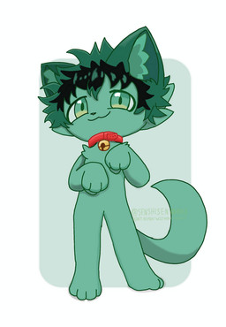 alternate_species ambiguous_gender anthro bell bell_collar collar fur furrification green_body green_eyes green_fur green_hair hair red_collar semi-anthro solo standing artsenshisen my_hero_academia izuku_midoriya domestic_cat felid feline felis mammal 2026 green_theme