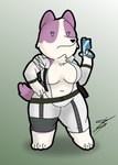 angry anthro belt blaster_pistol blue_eyes breasts combat_gear cosplay crossover_cosplay exposed_breasts female fur hand_on_hip multicolored_body multicolored_fur purple_body purple_fur slightly_chubby solo thick_thighs two_tone_body two_tone_fur white_body white_fur d13w0tt_(artist) dogs_in_space konami metal_gear netflix kira_(dogs_in_space) the_boss canid canine canis domestic_dog husky mammal nordic_sled_dog spitz crossover hi_res