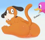 3_toes :o anthro anus black_nose butt collar crossgender duo feet female genitals gradient_background nude open_mouth puffy_anus pussy rear_view simple_background solo_focus tail text toes tongue acstlu duck_hunt nintendo duck_hunt_dog duck_hunt_duck anatid anseriform avian bird canid canine canis domestic_dog duck mammal hi_res