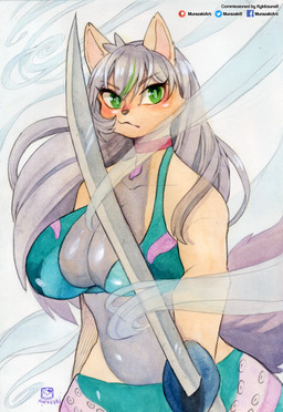 anthro big_breasts biped blush bottomwear bra breasts choker cleavage clothed clothing female fur hair holding_object holding_weapon jewelry long_hair looking_at_viewer melee_weapon midriff navel necklace simple_background solo sword underwear weapon wind murazaki mammal absurd_res hi_res painting_(artwork) traditional_media_(artwork) traditional_painting_(artwork) traditional_watercolor_(artwork) watercolor_(artwork)