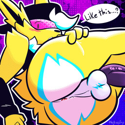 anthro anthrofied anus backsack backwards_hat balls blush butt clothed clothing erection fur genitals hat headgear headwear looking_at_viewer looking_back male penis penis_tuck perineum pokemorph presenting presenting_anus presenting_hindquarters simple_background solo topwear visor yellow_body yellow_fur fizzyjay nintendo pokemon fan_character jay_(fizzyjay) eeveelution generation_1_pokemon jolteon mammal pokemon_(species) 1:1 digital_media_(artwork) hi_res