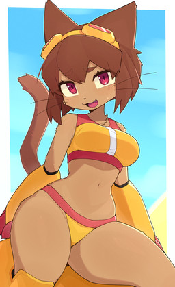 anthro biped breasts clothed clothed_anthro clothed_female clothing female female_anthro fingers front_view fur hair kneeling looking_at_viewer navel smile solo tail teeth tongue devil-vox gameoverse glitch_productions kit_bodega domestic_cat felid feline felis mammal 2026 digital_drawing_(artwork) digital_media_(artwork) hi_res
