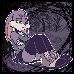 anthro boots bottomwear clothed clothing crossed_arms female footwear forest frown legwear looking_away moody night outline outside plant serious shoes simple_background sitting skirt solo sweater thigh_highs topwear tree ircluzar violet_bunny lagomorph leporid mammal rabbit 1:1 colored digital_media_(artwork) hi_res pixel_(artwork) shaded