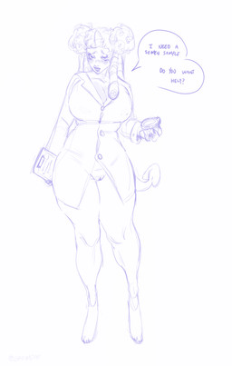 anthro big_breasts blush blush_lines breasts claws clipboard clothed clothing coat curly_hair dialogue dreadlocks eyebrows female genitals hair horn lab_coat looking_at_viewer medical_instrument paws scientific_instrument simple_background solo standing tail talking_to_viewer text topwear vulva white_background grimeat house_dragon absurd_res blue_and_white english_text hi_res monochrome sketch