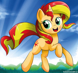 blonde_hair blue_eyes cloud cutie_mark female feral field grass hair horn light mountain multicolored_hair outside plant red_hair sky smile solo sun two_tone_hair the-butcher-x equestria_girls hasbro my_little_pony mythology sunset_shimmer_(eg) equid equine mammal mythological_creature mythological_equine unicorn 2014 full-length_portrait hi_res portrait