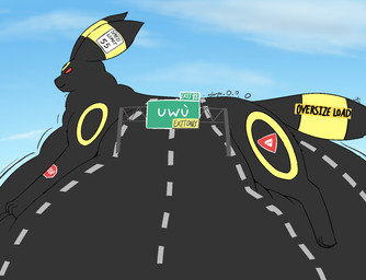 belly big_belly black_outline feral huge_belly hyper hyper_belly morbidly_obese motion_lines obese onomatopoeia outline overweight red_sclera road road_sign sign sky skyscape solo sound_effects stop_sign text traffic_sign uwu starorb nintendo pokemon eeveelution generation_2_pokemon pokemon_(species) umbreon 2026 hi_res tagme