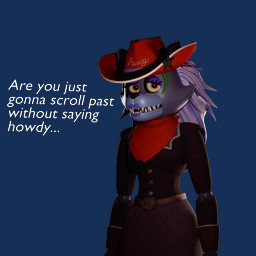 anthro clothing cowboy_hat dialogue ellipsis female hat headgear headwear kerchief machine neckerchief neckwear on_model simple_background solo text transparent_background western wild_west anonamine are_you_just_gonna_scroll_past five_nights_at_freddy's five_nights_at_freddy's:_secret_of_the_mimic five_nights_at_freddy's:_security_breach scottgames steel_wool_studios deadeye_roxanne roxanne_wolf animatronic canid canine canis mammal robot wolf 1:1 2025 3d_(artwork) alpha_channel blender_(artwork) comment_chain digital_media_(artwork) english_text hi_res meme