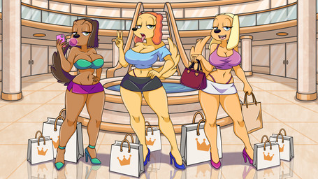 anthro bottomwear breasts cleavage clothed clothing female footwear group high_heels mall microskirt miniskirt shoes skirt slutty_face thong trio underwear wide_hips a-fitzga brandy_and_mr._whiskers disney brandy_harrington sandy_carrington tiffany_turlington canid canine canis domestic_dog mammal 16:9 hi_res widescreen