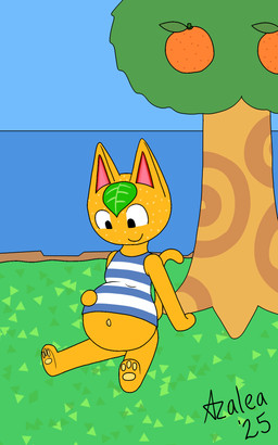 anthro biped bottomless clothed clothing female female_anthro food fruit namesake navel orange_(fruit) orange_body plant pregnant sitting solo flamingazalea animal_crossing mayternity nintendo tangy_(animal_crossing) domestic_cat elemental_creature felid feline felis flora_fauna food_creature living_fruit mammal 2025 5:8 hi_res