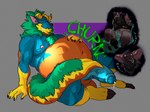 abdominal_bulge animal_mask anthro anthro_pred balls bdsm belly belly_grab big_balls big_belly big_penis blue_body bodily_fluids bodily_noises brown_body brown_fur churn claws clothing digestion digestion_noises digestion_sequence duo erection eyes_closed fatal_vore feet fur genital_fluids genitals green_hair hair head_tuft huge_penis humanoid_genitalia humanoid_penis leaking male male/male mane markings mask melting moobs muscular muscular_anthro muscular_male navel nipples nude onomatopoeia oral_vore orange_body organs overweight overweight_anthro overweight_male paws penis petplay precum pup_mask puppyplay roleplay rumbling_stomach saliva shirt simple_background slosh sloshing_belly smile solo solo_focus sound_effect_variant sound_effects stomach stomach_acid tail tank_top text thick_penis thick_tail topwear tuft vein veiny_penis vore yellow_body veganlettuce capcom monster_hunter vegan_(character) fanged_wyvern mammal murid murine rat rodent scalie zinogre 2025 artist_name cel_shading colored digital_drawing_(artwork) digital_media_(artwork) english_text hi_res sequence shaded signature watermark