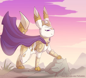 ambiguous_gender armor black_nose blue_eyes cape closed_smile clothed clothed_feral clothing day eyebrows feral fur looking_at_viewer mouth_closed outside quadruped side_view smile solo step_pose vambrace white_body white_fur fuf fakemon nintendo pokemon eeveelution pokemon_(species) 2019 hi_res