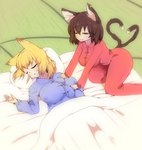 2_tails all_fours animal_ears animal_tail bedding big_breasts blanket blodne_hair blue_pajamas blush blush_lines breasts brown_body brown_fur brown_hair cat_smile clothing dipstick_ears dipstick_tail duo ear_markings ear_piercing eyes_closed female fur hair huge_breasts kneading kneading_breast markings multi_tail multicolored_ears nipple_outline open_mouth pajamas piercing pillow red_pajamas short_hair sleeping smile tail tail_markings tan_body tan_skin thick_thighs white_body white_fur wide_hips yellow_body yellow_fur jungleboyayaya asian_mythology east_asian_mythology japanese_mythology mythology touhou chen_(touhou) ran_yakumo animal_humanoid canid canid_humanoid canine canine_humanoid cat_humanoid felid felid_humanoid feline feline_humanoid fox_humanoid humanoid mammal mammal_humanoid nekomata tailed_humanoid yokai