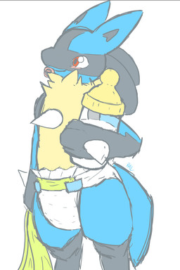 anthro blue_body blue_ears blue_fur bottle chest_spike closed_smile clothed clothing container diaper fur glistening glistening_eyes gloves_(marking) grey_body grey_fur hand_spike holding_bottle holding_container holding_object leg_markings male male_anthro markings mouth_closed object_in_mouth pacifier pacifier_in_mouth red_eyes simple_background smile socks_(marking) solo spikes spikes_(anatomy) standing topless wearing_diaper white_background white_diaper yellow_body yellow_fur young young_anthro young_male hardscales nintendo pokemon generation_4_pokemon lucario pokemon_(species) 2:3 signature