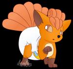 ambiguous_gender brown_body brown_eyes brown_fur brown_hair clean_diaper clothed clothed_feral clothing confusion diaper diaper_only feral fur hair multi_tail open_mouth paws simple_background solo standing tail topless transparent_background wearing_diaper white_diaper shambles nintendo pokemon canid canine generation_1_pokemon mammal pokemon_(species) vulpix alpha_channel hi_res watermark