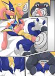 2017 absurd_res amphibian anthro bodily_fluids comic cum cum_in_pussy cum_inside duo erection female female_penetrated from_front_position generation_1_pokemon generation_6_pokemon genital_fluids genitals greninja half-closed_eyes hi_res lying male male/female male_penetrating male_penetrating_female missionary_position narrowed_eyes nintendo nude on_back penetration penile penile_penetration penis penis_in_pussy pokemon pokemon_(species) poliwrath pussy red_eyes sex sweat text tongue tongue_out type vaginal vaginal_penetration