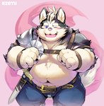 anthro belly blush bottomwear clothing kemono male moobs navel nipples one_eye_closed overweight overweight_male pants solo weapon wink nekomarudon crave_saga azoth_(crave_saga) canid canine canis domestic_dog mammal 2023