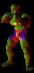 3d_(artwork) armor bandolier barefoot black_background bottomwear bracers clothing digital_media_(artwork) feet fighting_pose fuzzy-yak green_body green_skin humanoid male not_furry orc pose scar shorts simple_background solo trassk tusks