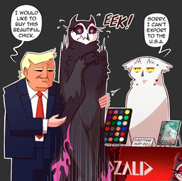 accessory annoyed anthro beak black_body blonde_hair bodily_fluids businesswear clothed clothing dialogue eek emanata embarrassed eyelashes feathers female female_anthro formal_wear fur grabbing group hair human_on_anthro humor interspecies male necktie nervous nude outline pink_eyes politics red_necktie selling shirt simple_background speech_bubble standing suit sweat tan_body tan_skin text topwear trio tuft white_body white_outline winged_arms wings rozalid donald_trump lilith_(rozalid) scandiowlcus avian avian_demon bird demon horned_owl human mammal owl owl_demon snowy_owl true_owl 2026 colored crossover digital_drawing_(artwork) digital_media_(artwork) english_text flat_colors hi_res meme shaded simple_shading