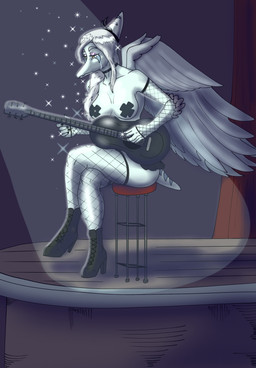 5_fingers acoustic_guitar amber_eyes anthro armwear black_pasties bodily_fluids bone_frill boots bottomwear breasts choker clothing elbow_feathers eyelashes eyeshadow feathered_wings feathers female fingers fishnet_armwear fishnet_clothing fishnet_legwear footwear frill_(anatomy) furniture grey_body grey_feathers grey_hair grey_scales guitar hair high_heeled_boots high_heels jewelry legwear long_hair makeup miniskirt musical_instrument necklace pasties playing_guitar playing_music plucked_string_instrument purple_eyeshadow scales shoes short_tail skirt snout solo stage stool string_instrument tail tears wings nuar_come_mundos cavemanon_studios goodbye_volcano_high ko_op_(game_developer) snoot_game fang_(gvh) prehistoric_species pterosaur reptile scalie 2025 absurd_res digital_drawing_(artwork) digital_media_(artwork) hi_res