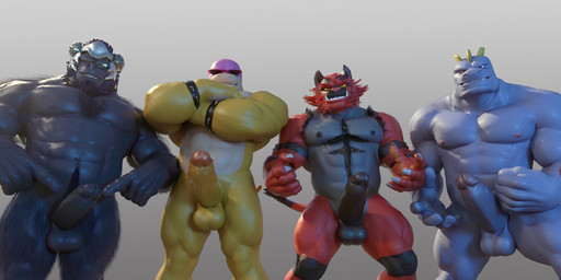 abs anthro balls biceps black_balls black_body black_penis body_hair crossed_arms erection fur genitals gesture group hand_gesture humanoid_genitalia humanoid_penis male male/male muscular muscular_anthro muscular_male nipples non-mammal_balls pecs penis pointing pointing_at_penis red_body red_fur smile smirk triceps yellow_body darkviperbara blizzard_entertainment mario_bros nintendo overwatch pokemon koopaling roy_koopa winston_(overwatch) ape generation_1_pokemon generation_7_pokemon gorilla haplorhine incineroar koopa machoke mammal pokemon_(species) primate scalie 2:1 3d_(artwork) crossover digital_media_(artwork) hi_res