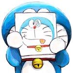 anthro bell collar drawing front_view holding_object holding_paper machine male mouth_closed paper raised_arms red_collar red_nose simple_background solo standing tongue tongue_out whiskers white_background mt_tg doraemon doraemon_(character) domestic_cat felid feline felis mammal robot 1:1 2019 shaded