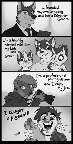 accessory anthro camera clothing family female feral hoodie humor male necktie suit text topwear young young_feral ango76 avian bird canid canine canis columbid domestic_cat felid feline felis mammal mustelid otter pigeon wolf 2018 black_and_white comic english_text hi_res monochrome