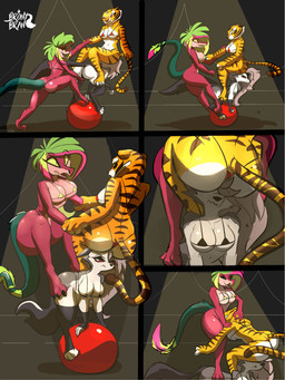 acrobatics anthro ball bent_over bikini bikini_bottom bikini_top breasts butt climbing climbing_on_another clothing eyes_closed feet female female/female fingers fur green_hair group hair holding_arm navel on_top_of open_mouth orange_body red_sclera sitting sitting_on_another smile string_bikini stripes swimwear tail teeth toes trio two-piece_swimsuit white_body white_fur bronybran dreamworks hazbin_hotel hellaverse helluva_boss kung_fu_panda mythology loona_(helluva_boss) master_tigress missi_zilla zeezi_(hazbin_hotel) canid canid_demon canine demon dinosaur felid hellhound kaiju mammal mythological_canine mythological_creature pantherine prehistoric_species reptile scalie tiger comic digital_media_(artwork) hi_res