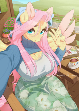 accessory anthro anthrofied beverage big_breasts biped blue_eyes book bottomwear bow_ribbon breasts camera_view cleavage cleavage_cutout clothed clothing colored_nails container cup cutout day detailed_background eyelashes feathers female female_anthro gesture hair hair_accessory hair_bow hair_ribbon hand_gesture long_hair long_nails looking_at_viewer multicolored_body multicolored_ears multicolored_feathers nails outside pink_hair pink_tail plant plant_pot potted_plant pupils ribbons selfie sitting smile solo sweater tail tea_cup thick_thighs three-quarter_view topwear turtleneck two_tone_body two_tone_ears two_tone_feathers two_tone_wings v_sign wings yellow_body evehly friendship_is_magic hasbro my_little_pony mythology fluttershy_(mlp) equid equine mammal mythological_creature mythological_equine pegasus