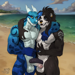 anthro balls beach biceps blue_body blue_eyes duo ear_piercing erection facial_piercing foreskin frottage genital_piercing genitals gesture green_sclera hair horn humanoid_genitalia humanoid_penis male male/male muscular muscular_male nipples nose_piercing nose_ring nude pec_grab pecs penile penis penis_piercing penises_touching piercing prince_albert_piercing red_eyes ring_piercing septum_piercing septum_ring sex smile smirk standing panpy_draws mythology ayse gaku bear dragon giant_panda mammal mythological_creature mythological_scalie scalie 1:1 hi_res
