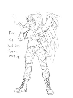 5_fingers anthro arm_feathers arm_scar backpack boots bottomwear breasts camo cigarette claws clothed clothing combat_boots eye_scar facial_scar feathered_wings feathers female finger_claws fingers footwear looking_at_viewer military_clothing neck_scar pants scar shirt shoes short_tail simple_background snout solo standing tail text topwear wings prometheuzone cavemanon_studios goodbye_volcano_high ko_op_(game_developer) snoot_game fang_(gvh) prehistoric_species pterosaur reptile scalie 3:4 black_and_white english_text hi_res monochrome