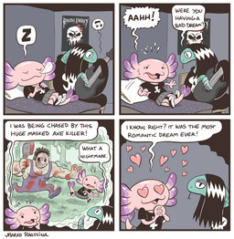 alternative_fashion anthro axe bed blood bodily_fluids clothed clothing dialogue female forest furniture goth heart_eyes heart_symbol humor larger_male male mask melee_weapon pillow plant size_difference sleeping smaller_female sweat text tree weapon marko_comics alexa_lotl amphibian aquatic axolotl human mammal mole_salamander reptile salamander scalie snake comic english_text