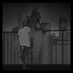 ambiguous_gender anthro balcony black_border border city city_background piercing slim smoking solo towel towel_around_waist towel_only asurii absurd_res hi_res monochrome