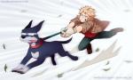 blue_body blue_fur bodily_fluids bottomwear clenched_teeth clothed clothing collar dust eyewear falling_leaves feral fur glasses humor jacket leaf leash pants parody pawpads paws pockets running shirt solo sweat teeth text tongue tongue_out topwear suncelia my_hero_academia katsuki_bakugou tenya_ida canid canine canis domestic_dog human mammal 5:3 url watermark