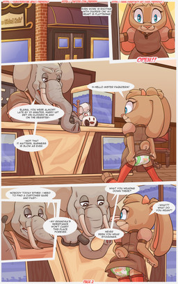 anthro blue_eyes bodily_fluids bored brown_body brown_eyes brown_fur brown_outfit cafe chair clothed clothing container cup diaper dress duo female fur furniture greeting grey_body inside legwear male mug nervous outside plushie smile stockings store sweat sweatdrop text upskirt paddedulf elaina_frollicks_(paddedulf) elephant elephantid lagomorph leporid mammal proboscidean rabbit absurd_res comic english_text hi_res