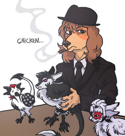 4_ears 5_fingers ambiguous_gender angry anthro avian_feet big_tail biped black_body black_clothing black_feathers black_fur black_sclera black_scutes black_topwear brown_body brown_eyes brown_fur brown_hair brown_nose chest_tuft chibi cigar claws clothed clothing dialogue elegant ellipsis feather_hair feathers feet feral fingers folded_wings fur furniture group hair hat headgear headwear holding_another holding_character larger_anthro long_hair looking_at_another looking_at_viewer markings midair multi_ear neck_tuft necktie nude orange_body orange_fur pseudo_hair purple_eyes red_body red_feathers red_fur red_markings scutes shirt simple_background simple_coloring size_difference smaller_feral smoke smoking smoking_cigar spots spotted_markings suit suit_jacket table tail text toes topwear tuft white_background white_body white_clothing white_feathers white_fur white_markings white_shirt white_topwear wings fenya208 pukeko_(meme) adele_spaniel fyr_(fenrir784) layvan_(avali) avali avian bird bird_dog canid canine canis chicken cocker_spaniel domestic_dog galliform hunting_dog mammal phasianid spaniel 2025 colored digital_drawing_(artwork) digital_media_(artwork) english_text hi_res meme shaded simple_shading