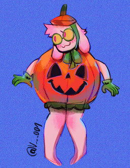 :3 anthro blue_background blush clothing eyewear food fruit fur glasses gloves handwear head_tuft male plant pumpkin pumpkin_costume simple_background solo tuft white_body white_fur yellow_eyewear yellow_glasses v_rawr deltarune undertale_(series) ralsei bovid caprine darkner mammal hi_res signature