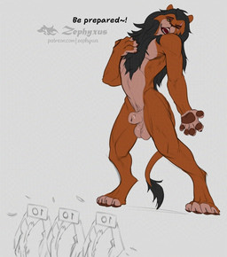 ambiguous_gender animal_genitalia anthro anthrofied balls biped black_mane digitigrade fingerpads fully_sheathed fur genitals grey_background group male mane multicolored_body multicolored_fur nude nude_anthro nude_male open_mouth open_smile orange_body orange_fur pawpads paws sheath simple_background smile solo_focus tail tail_tuft tan_balls tan_body tan_fur tan_sheath text tuft zephyxus disney the_lion_king scar_(the_lion_king) felid lion mammal pantherine 2026 digital_media_(artwork) english_text