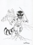 1997 absurd_res anthro armor breast_armor breasts castle clothed clothing facial_markings female fur greyscale hair head_markings hi_res mammal markings mask_(marking) melee_weapon monochrome procyonid raccoon ring_(marking) ringed_tail solo striped_markings striped_tail stripes susan_van_camp sword tail tail_markings traditional_media_(artwork) weapon