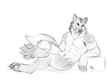 abs animal_genitalia anthro biceps genitals grin looking_at_viewer male pawpads pecs sheath smile solo wide_hips solaxe_(artist) edan_shepherd canid canine canis domestic_dog german_shepherd herding_dog mammal pastoral_dog 4:3 absurd_res hi_res monochrome