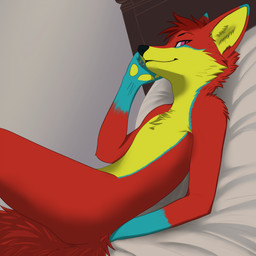 ambiguous_gender anthro bed bed_sheet bedding bedroom black_nose blue_hands blue_markings fur furniture hair lying lying_on_bed markings mouth_closed multi_tail multicolored_body multicolored_fur on_bed pawpads pink_eyes pupils red_body red_hair red_tail short_hair simple_background slit_pupils solo tail yellow_body yellow_pawpads red_the_kitsune red_(red_the_kitsune) canid canine fox mammal 1:1 2025 digital_media_(artwork) half-length_portrait hi_res line_art portrait