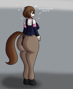 animal_genitalia animal_vulva anus black_anus black_vulva bodysuit bottomless bottomless_female brown_eyes brown_hair butt clothed clothing dialogue equine_genitalia equine_vulva female genitals grey_background hair heart_symbol hooves horse_ears horse_tail human_to_feral medium_hair mid_transformation nipple_outline rear_view simple_background skinsuit solo species_transformation split_form text tight_clothing torn_clothing transformation vulva deltapyro my_hero_academia ochaco_uraraka animal_humanoid equid equid_humanoid equine equine_humanoid horse human humanoid mammal mammal_humanoid hi_res