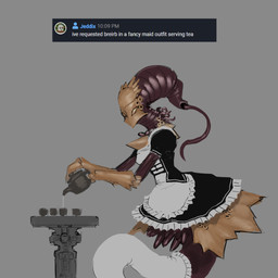 ambiguous_gender anthro clothed clothing container cup furniture kettle looking_at_viewer maid_uniform maroon_body monotone_background pouring_drink pouring_liquid pouring_tea screencap simple_background solo table tea_cup text uniform meandraco teraurge breirb alien worm 1:1 2022 digital_media_(artwork) english_text hi_res