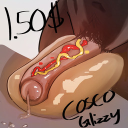 anthro big_penis bodily_fluids brown_body brown_fur condiment_on_penis cum food food_fetish food_play foreskin fur furniture genital_fluids genitals hot_dog ketchup leaking_precum male mustard penis penis_in_food precum price pubes solo table wept_mac costco 1:1 hi_res