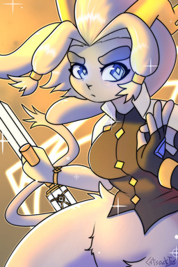 anthro bangs bottomless breasts clothed clothing crotch_tuft eyebrows female holding_object holding_weapon horn jewelry looking_at_viewer solo tail tail_tuft thick_eyebrows topwear tuft weapon catsockjus pseudoregalia sybil_(pseudoregalia) hybrid 2:3 hi_res