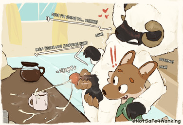 anthro balls beverage blush bodily_fluids brown_body clothed clothing coffee coffee_mug container cum cum_in_a_cup cum_in_beverage cum_in_coffee cum_in_container cum_in_food cumshot cup duo ejaculation erection food food_fetish food_play fur genital_fluids genitals hair handjob humanoid_genitalia humanoid_penis male male/male mug penile penis sex simple_background tail text white_body white_fur notsafeforwanking bovid canid canine canis caprine coyote mammal sheep absurd_res digital_media_(artwork) english_text hi_res
