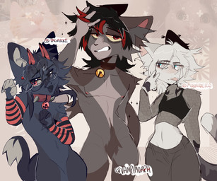 anthro arm_warmers armwear black_body black_bottomwear black_clothing black_fur black_hair black_jeans black_pants bottomwear clothing collar denim denim_bottomwear denim_clothing eyewear flirting flirting_with_viewer fur glasses group hair highlights_(coloring) horn jeans looking_at_viewer male pants pattern_arm_warmers pattern_armwear pattern_clothing red_collar red_eyes red_hair red_horn striped_arm_warmers striped_armwear striped_clothing stripes trio white_body white_eyes white_fur white_hair sugarcollars rae_(vampimorph) demon domestic_cat felid feline felis mammal vampire 6:5 absurd_res hi_res
