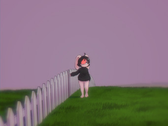 3_toes 4_fingers ahoge anthro barefoot bottomless bottomless_female clothed clothing eye_bags feet female fence fingers grass hair pear-shaped_figure picket_fence plant purple_sky short_hair sky sweater toes topwear turtleneck wide_hips wide_shot e254e nona_(e254e) lagomorph leporid mammal rabbit 4:3 absurd_res hi_res