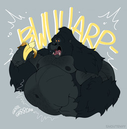arm_hair banana belly belly_hair big_belly black_body black_fur bloated body_hair burping chest_hair food fruit fur male musclegut muscular navel open_mouth overweight overweight_male plant rumbling_stomach solo stuffing tongue tongue_out yellow_sclera snoutenvy ape gorilla haplorhine mammal primate hi_res